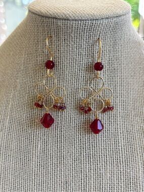 Gold-tone Red Crystal Dangle Earrings